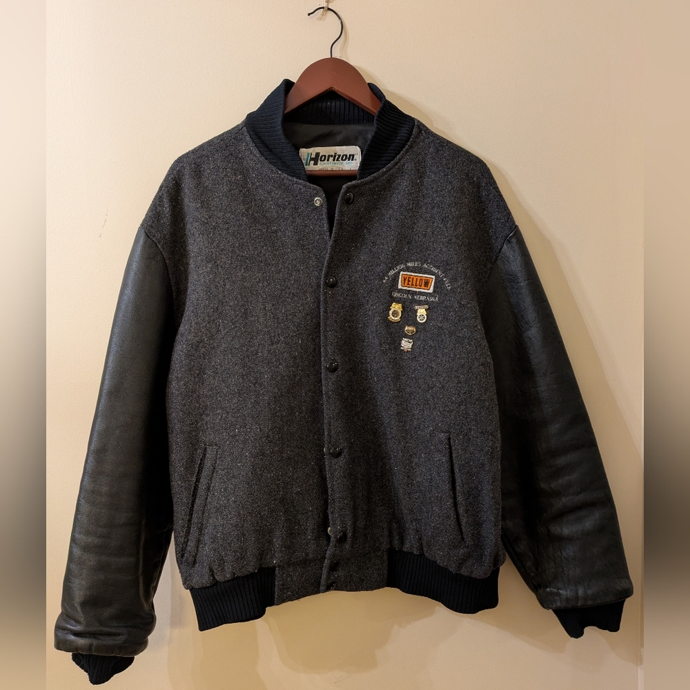 Gray and Black Men's Varsity Jacket Yellow Trucking Vintage